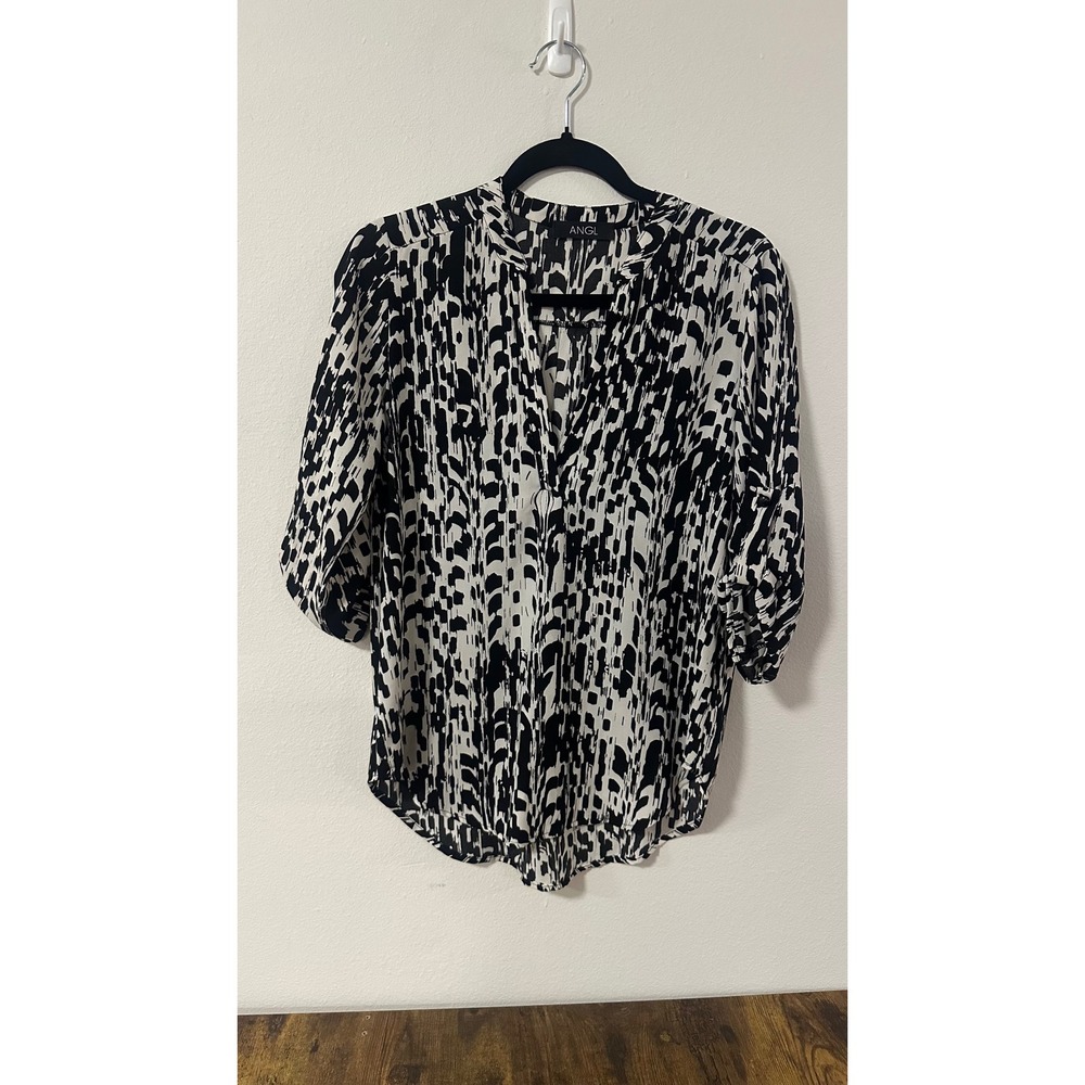 ANGL Womens Black White Abstract Print V-Neck 3/4 Roll Tab Sleeve Blouse Small